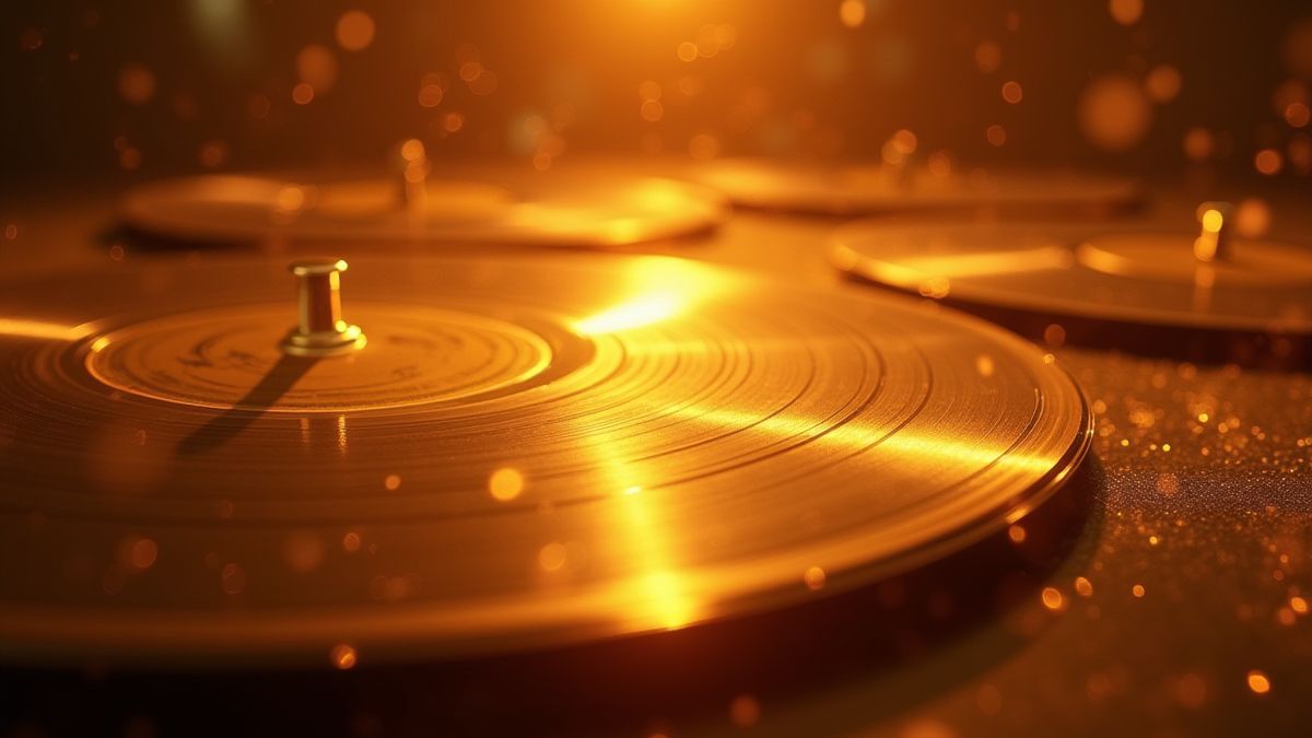 Golden records spinning with a glowing aura