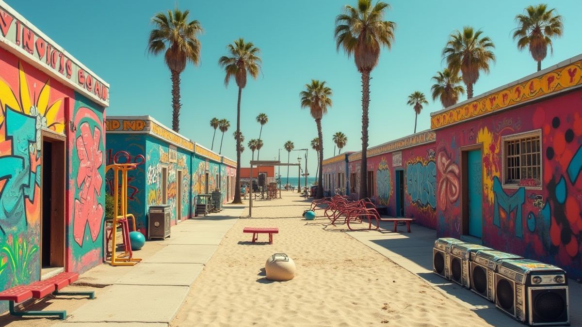 Cena retrô de Venice Beach com paredes de grafite e equipamentos de exercício coloridos.