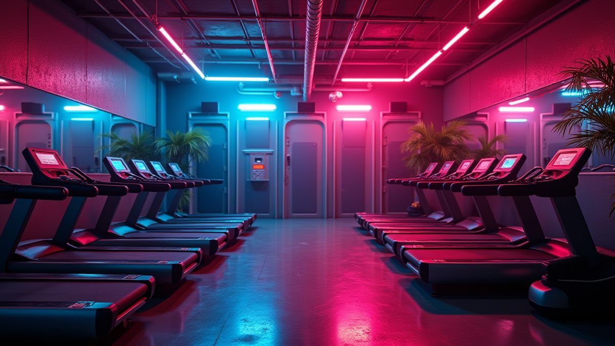 Academia retrô com luzes de neon e equipamento de som funky.