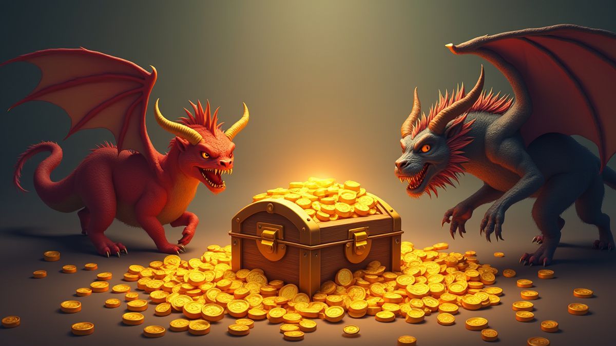 Schatkisten en gouden munten omringd door mythische wezens.