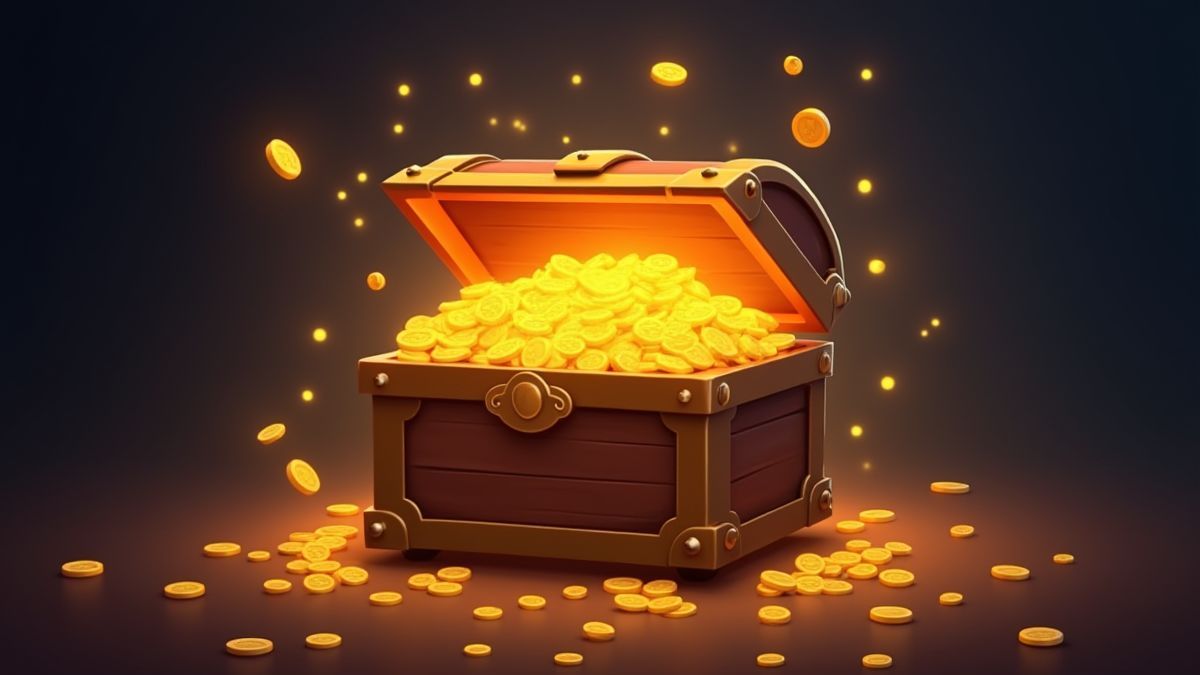 Un cofre del tesoro lleno de monedas de oro y símbolos mágicos.