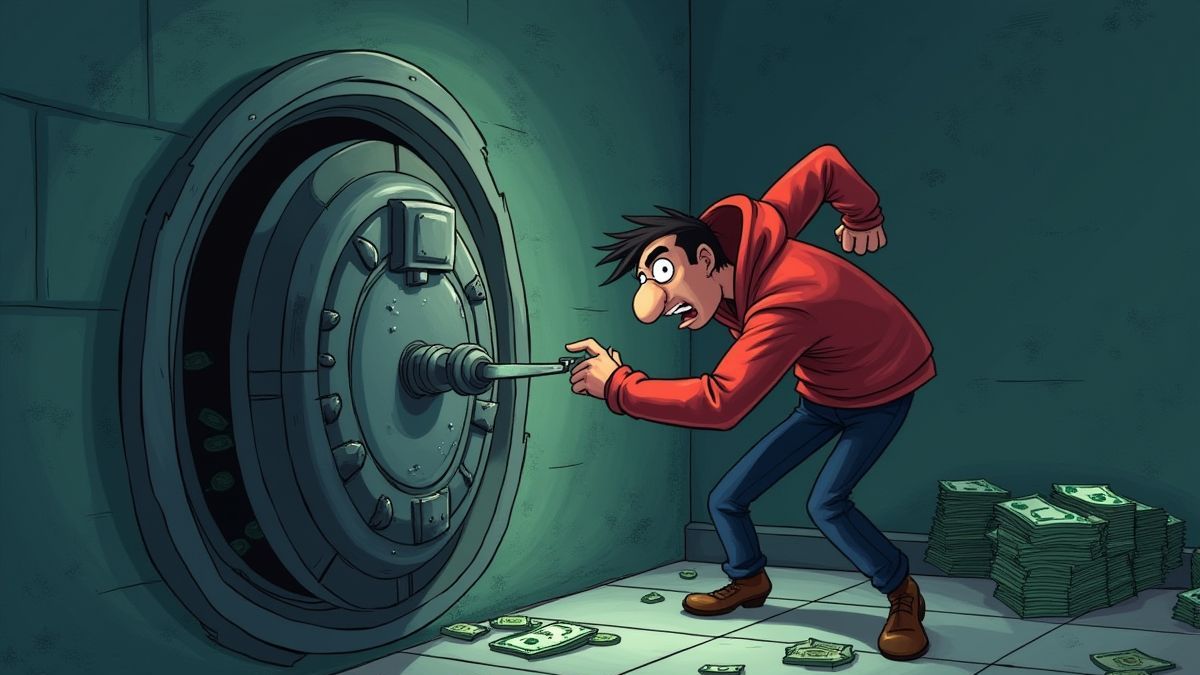 Un voleur entrant dans une voûte bancaire pleine d'argent.