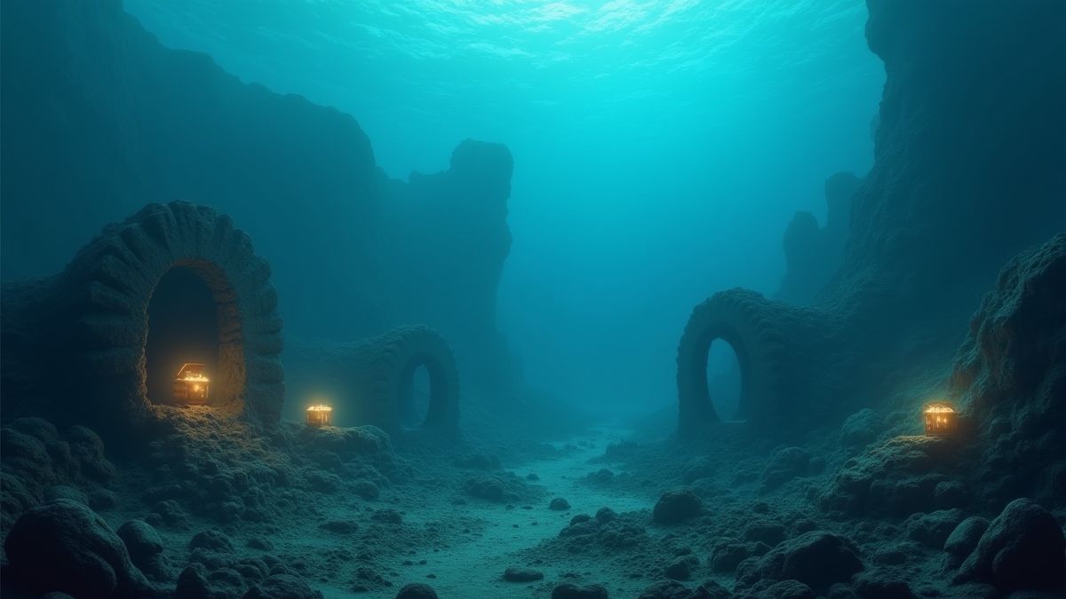 Un monde sous-marin rempli de naufrages et de coffres au trésor lumineux.