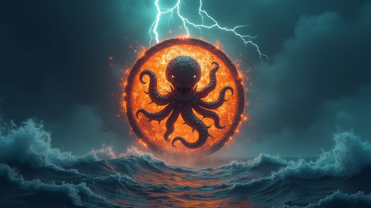 Un emblème brillant du Kraken entouré de vagues et d'éclairs.