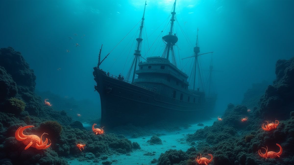 Un naufrage sous-marin entouré de récifs coralliens et de créatures marines lumineuses.