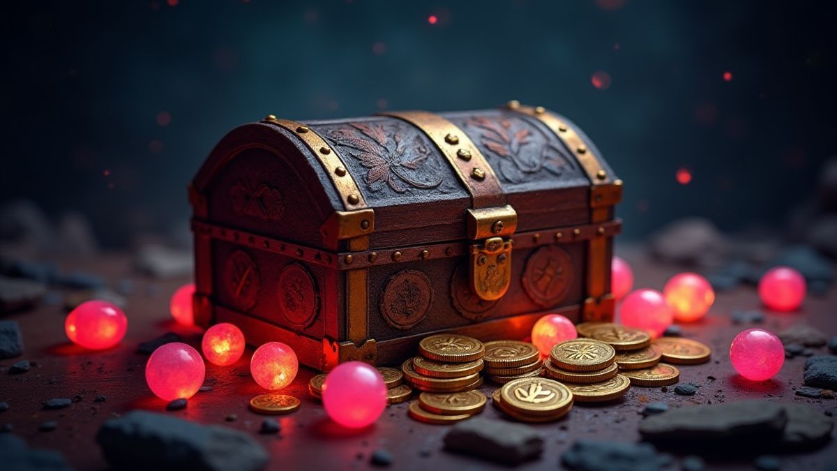 Un cofre del tesoro rodeado de gemas brillantes y monedas.