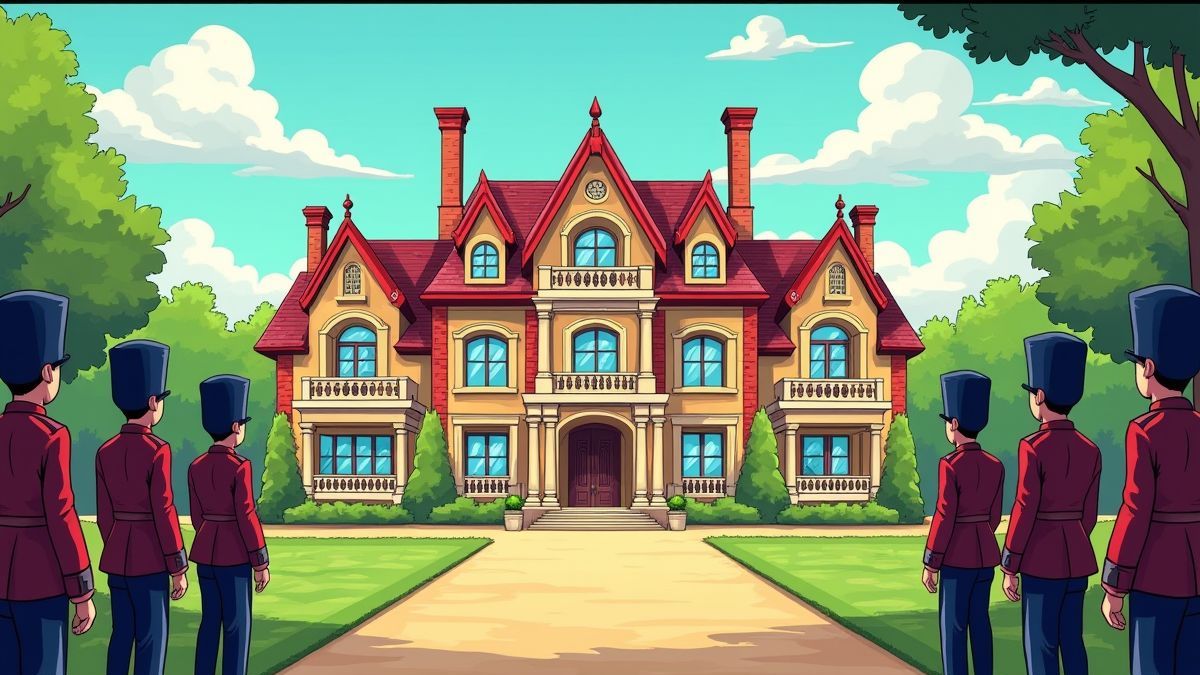 Bild einer luxuriösen Villa, die von Wachen umgeben ist.