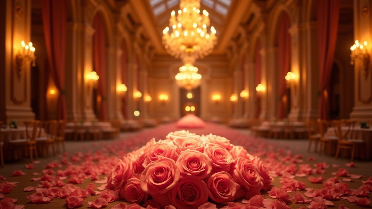 Ein Ballsaal mit goldenen Kronleuchtern und einer leuchtenden, verzauberten Rose.