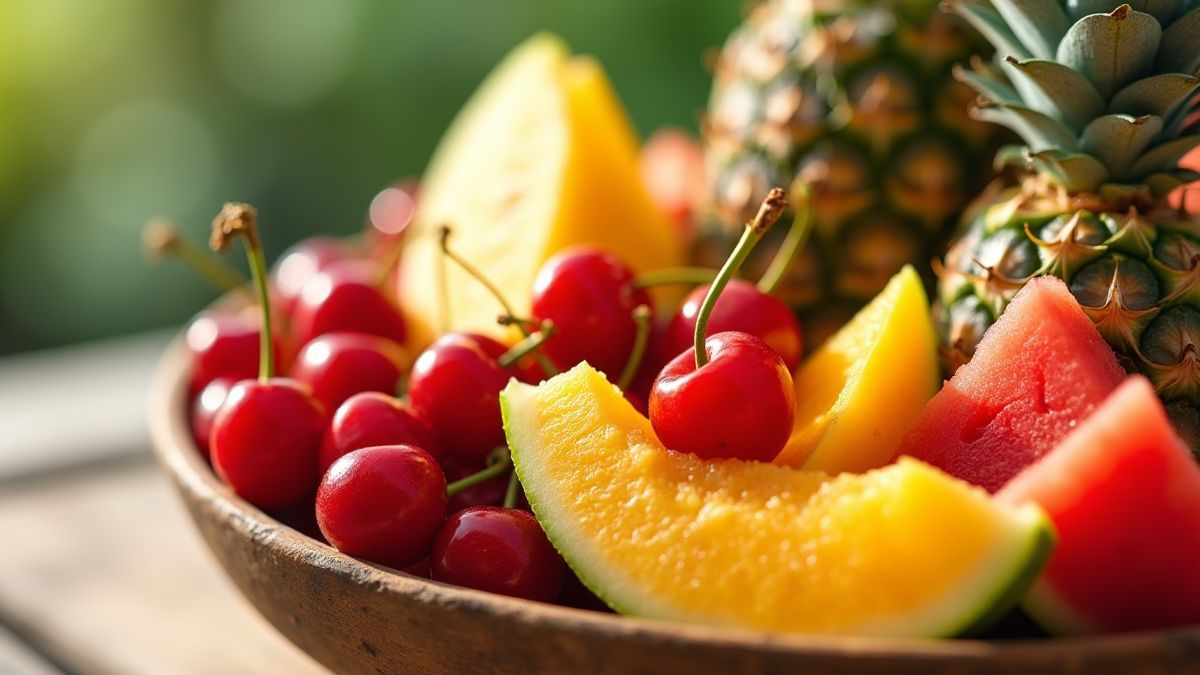 Fruits tropicaux dans un bol ensoleillé