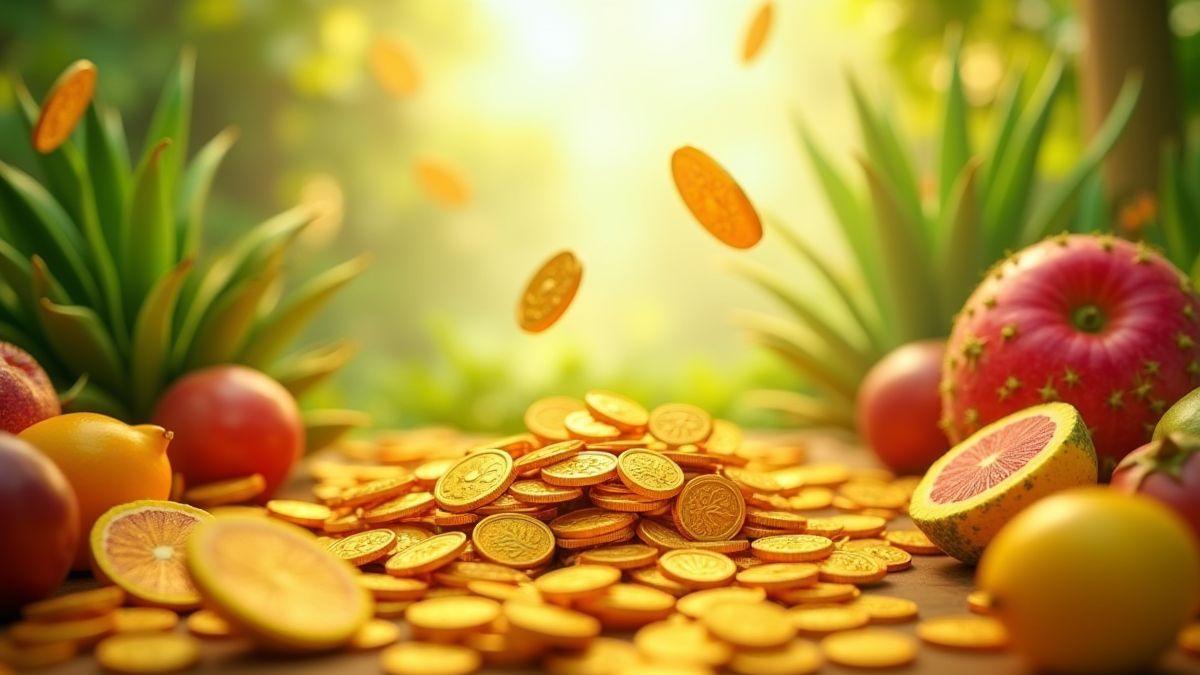 Monnaies et fruits tropicaux dans un environnement ensoleillé