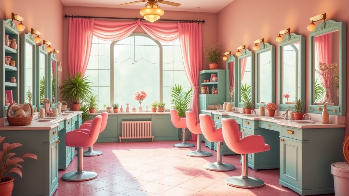 Salon de beauté rétro avec couleurs pastel et décoration vintage.
