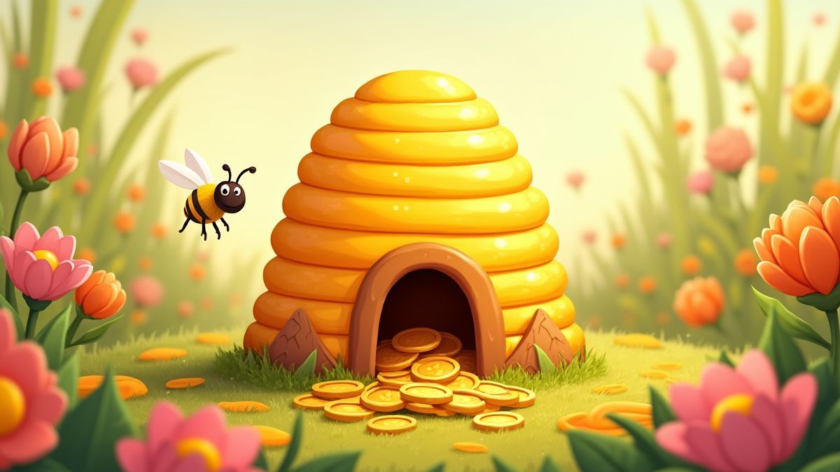 Ein Bienenstock umgeben von Blumen und Münzen.