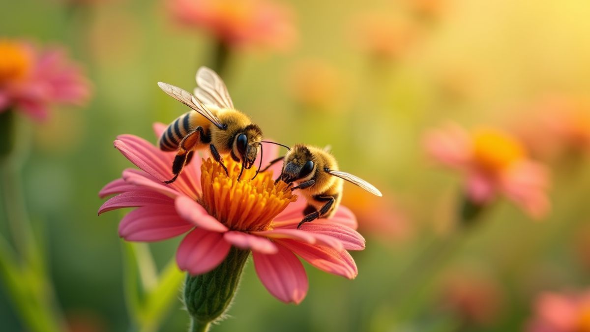 Abejas polinizando flores en un prado vibrante.