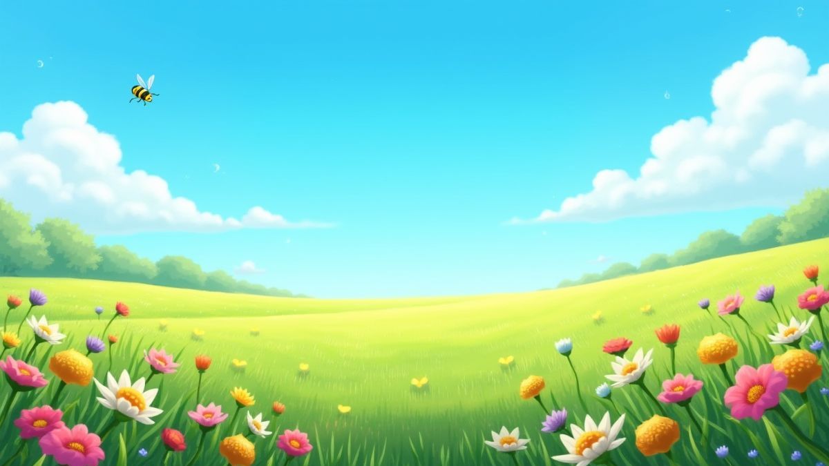 Un prado animado con flores coloridas y abejas zumbando bajo un cielo azul brillante.