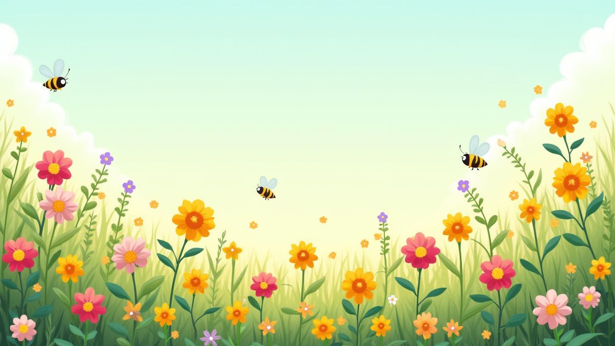 Eine Wiese voller bunter Blumen und summender Bienen.