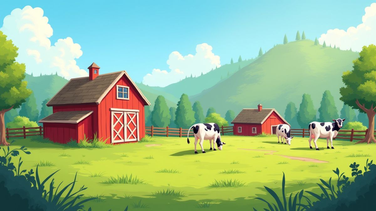 Un granero rojo en una granja verde con vacas pastando y una valla de madera.