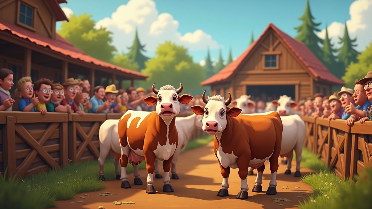 Una subasta de vacas en un entorno rural con una multitud animada.