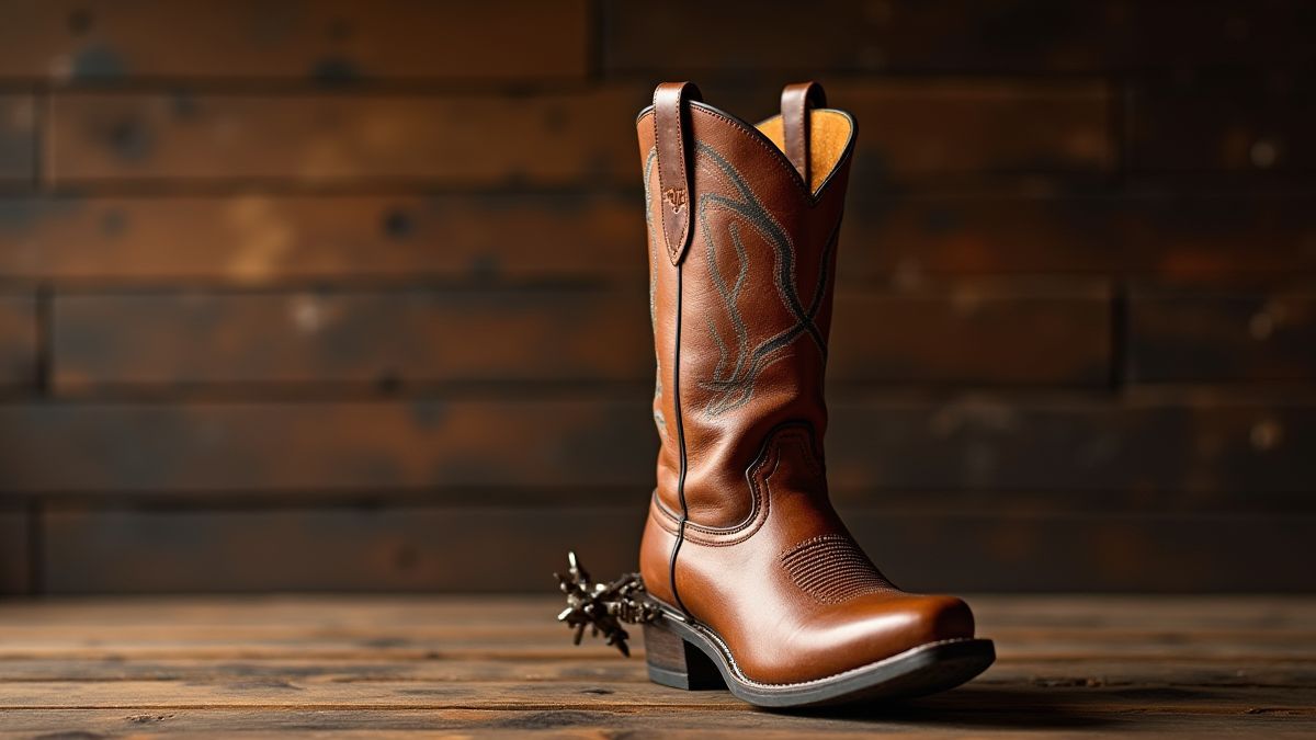 Cowboy-Stiefel mit Sporen auf einem Holzsalonboden.