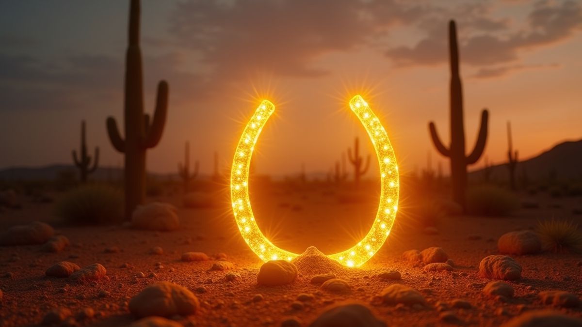 Eine goldene Hufeisen, das in einer Wüstenlandschaft mit Kakteen leuchtet.
