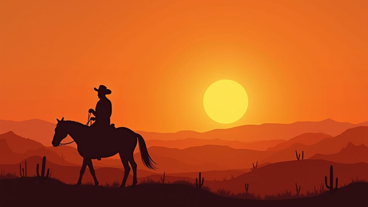Sonnenuntergang über einer Wüste mit der Silhouette eines Cowboys, der ein Pferd reitet.
