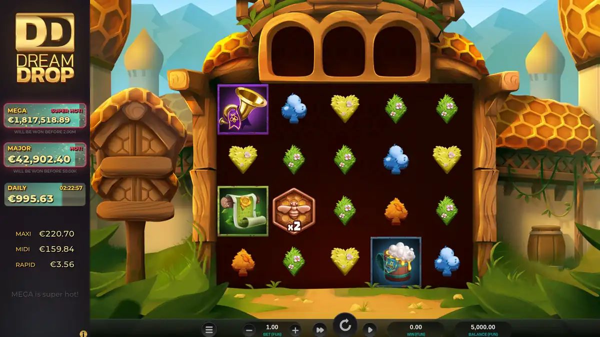Beellionaires Dream Drop base game on a 5x4 grid with Dream Drop jackpot meters