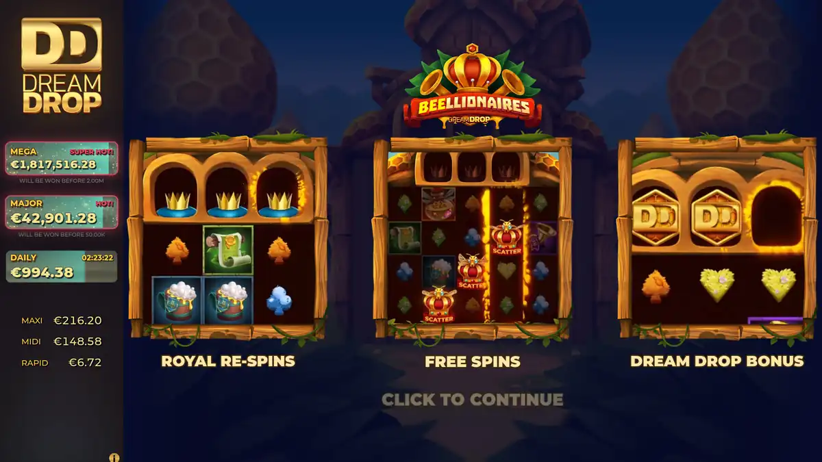 Beellionaires Dream Drop intro screen showing Royal Re-spins, Free Spins and the Dream Drop Bonus