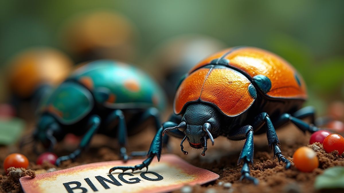 Bunte Käfer mit Bingo-Karten in einem magischen Wald.