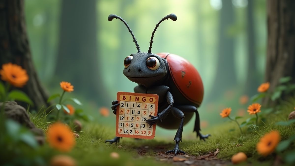 Ein animierter Käfer, der eine Bingo-Karte in einem magischen Wald hält.