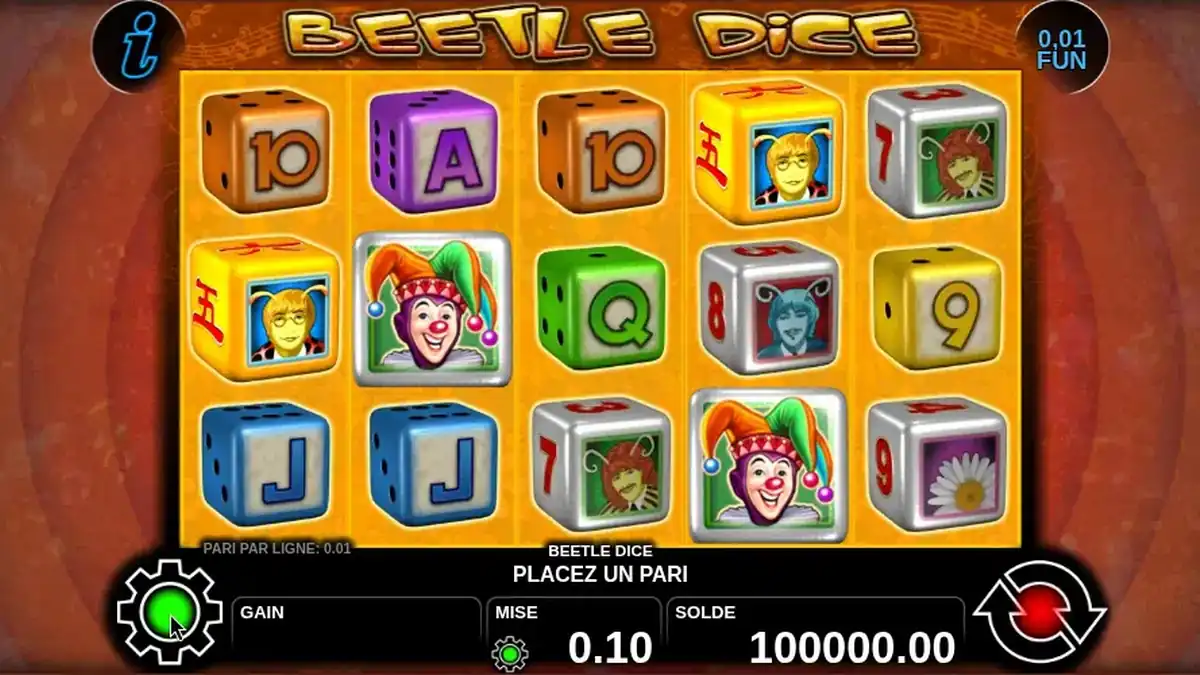 Juego base de Beetle Dice con símbolos de la banda de escarabajos