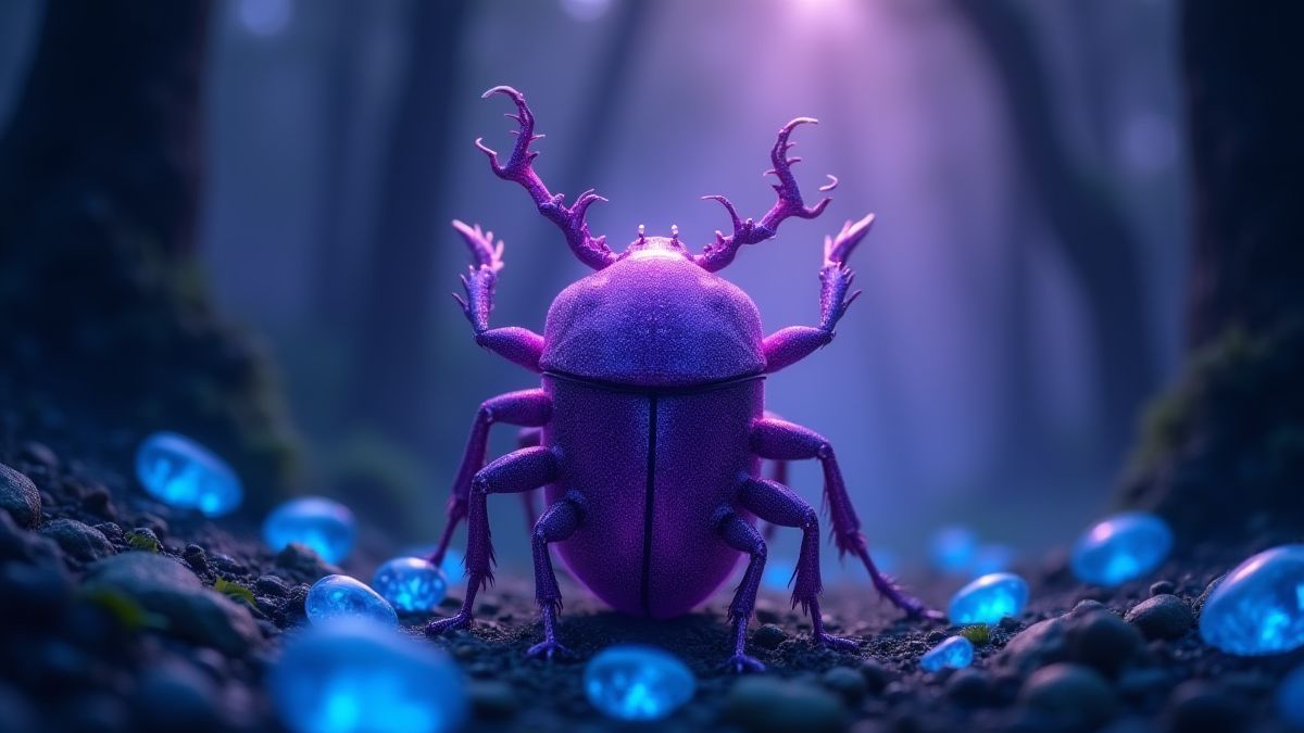 Escaravelho roxo rodeado de diamantes azuis na floresta.