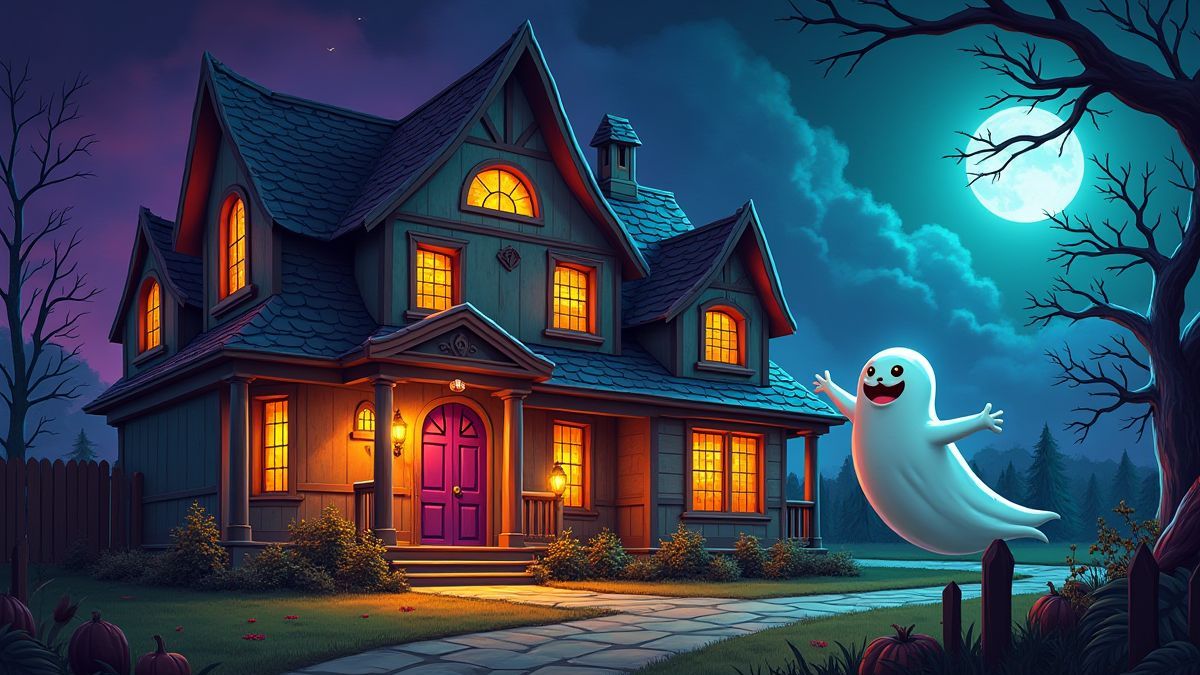 A colorful and spooky scene with ghosts and quirky characters in a haunted house.