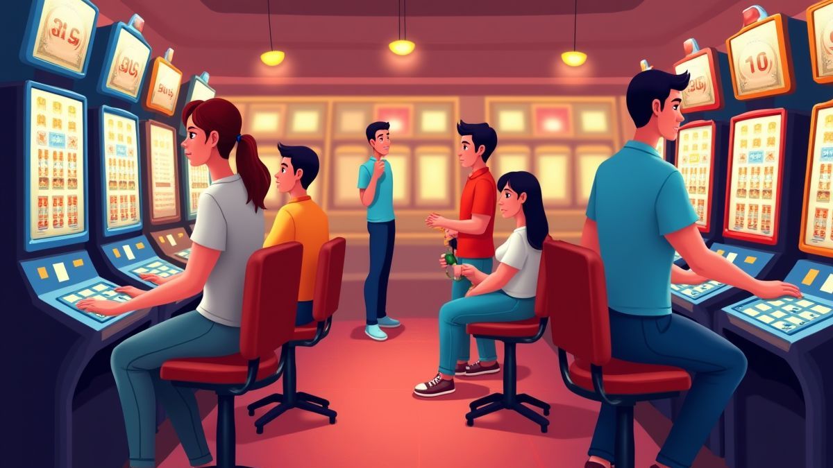 Friendly casino scene with people enjoying slot machines.