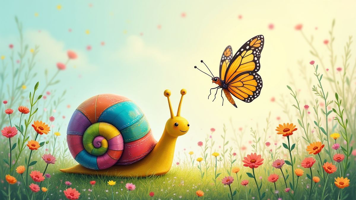 Schnecke und Schmetterling in einer musikalischen Wiese