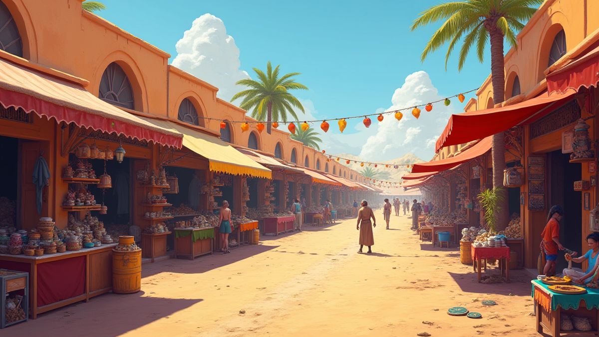 Een woestijnmarkt vol kleurrijke kraampjes en exotische goederen