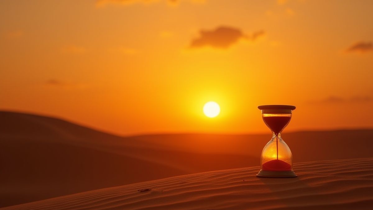 Een gouden zandloper die gloeit bij zonsondergang in de woestijn