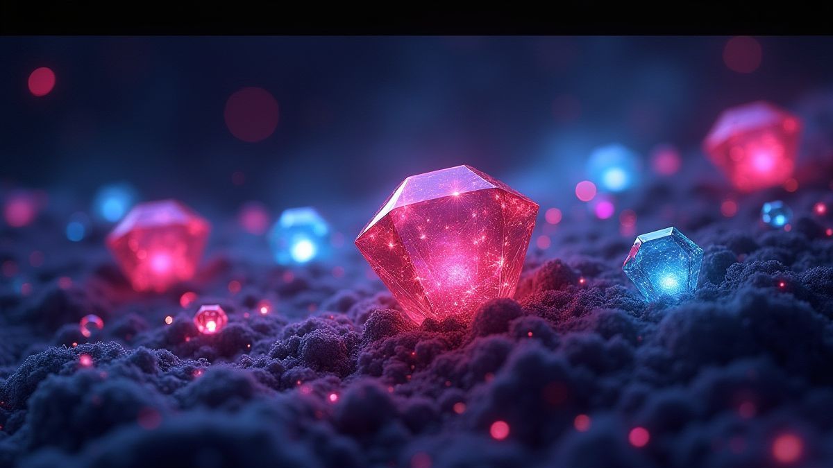 Un fondo galáctico con gemas brillantes y cielos estrellados.