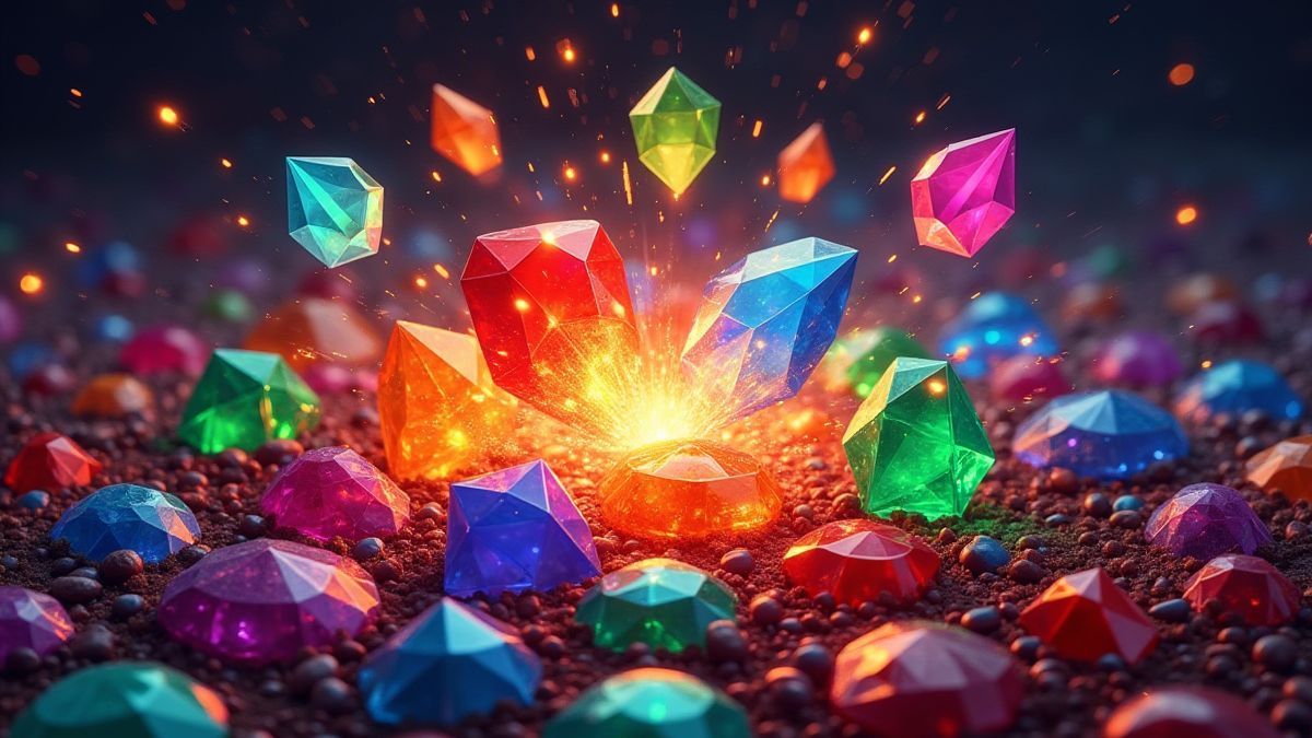 Una cuadrícula colorida de gemas con explosiones y efectos brillantes.