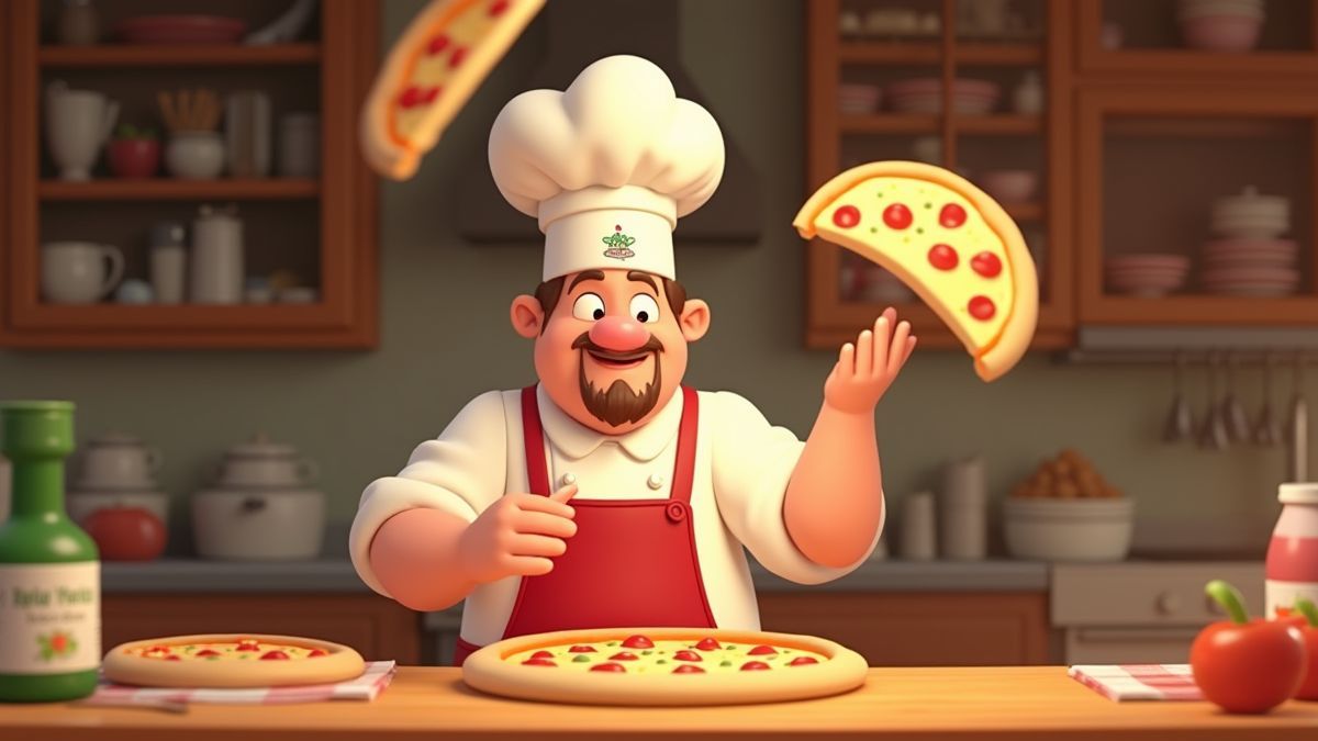 An animated chef tossing pizza dough in an Italian kitchen.
