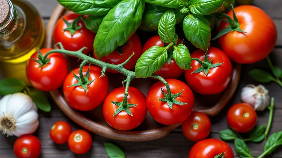 Wooden table with fresh Italian ingredients like tomatoes and basil.