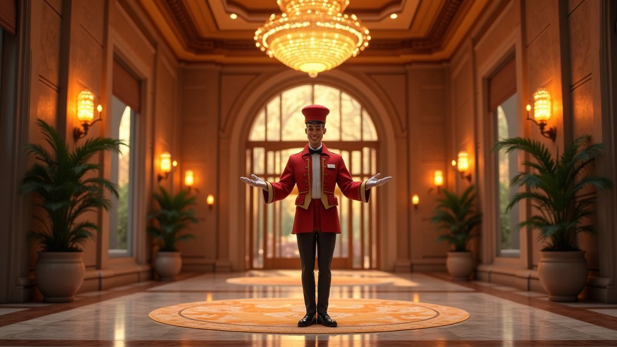 Ein Portier begrüßt die Gäste in einer luxuriösen Hotellobby.