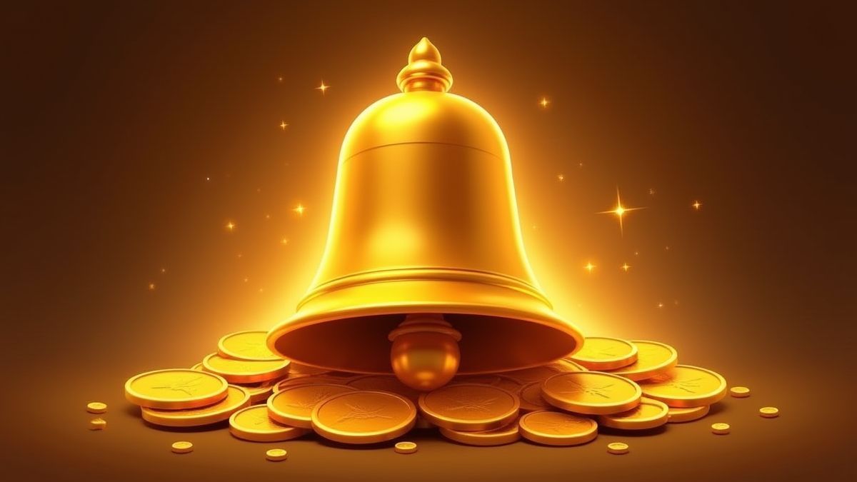 Eine goldene Glocke umgeben von Münzen und Glitzern.