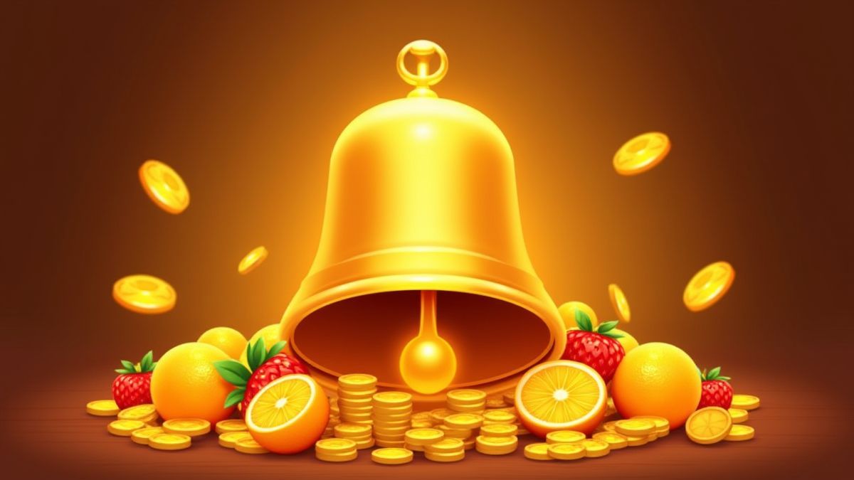Campana dorada rodeada de frutas y monedas brillantes.