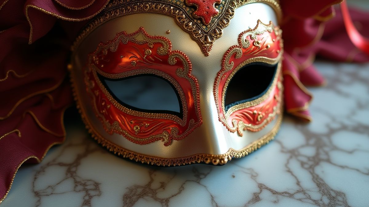 Máscara veneciana elegante con diseño intrincado de oro y rojo.