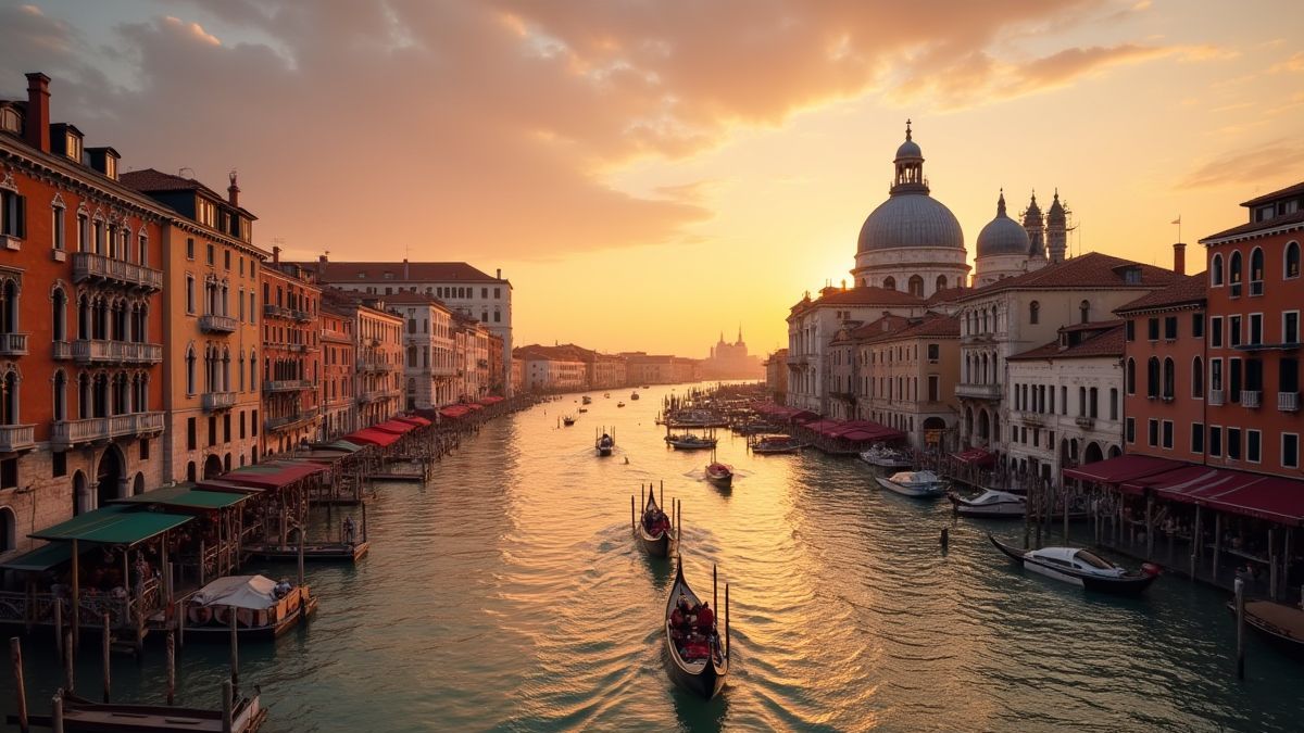 Venecia al atardecer con góndolas y arquitectura histórica.