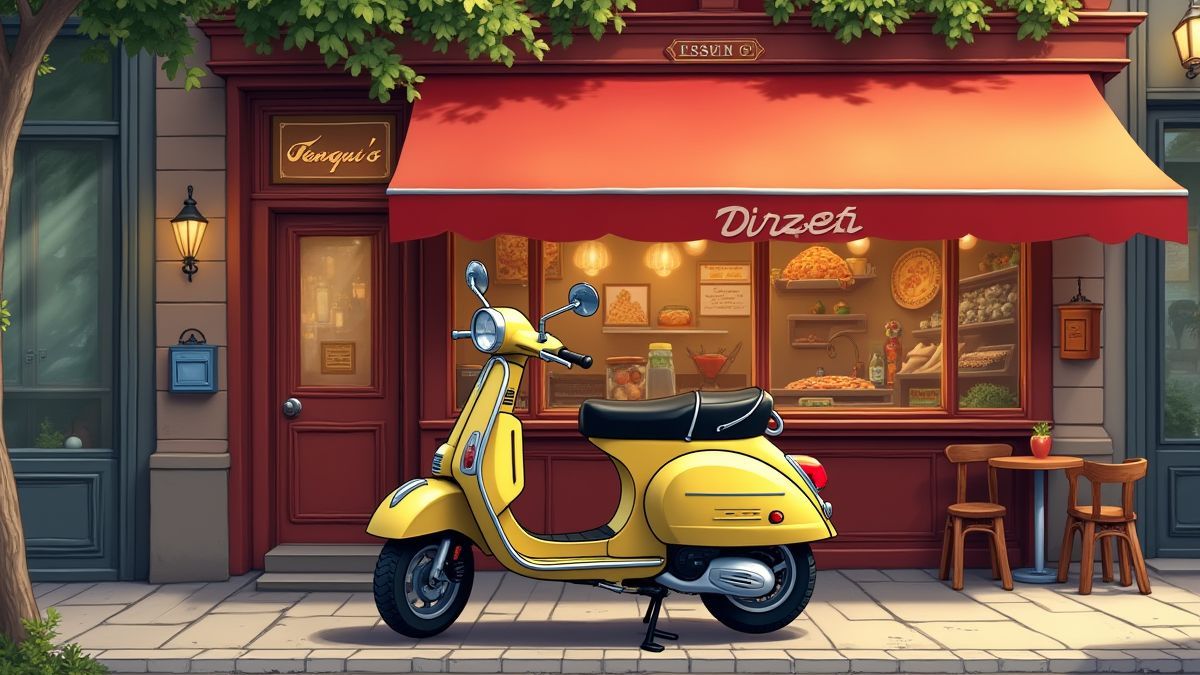 Eine Vespa in einer lebhaften italienischen Straße in der Nähe einer Pizzeria.