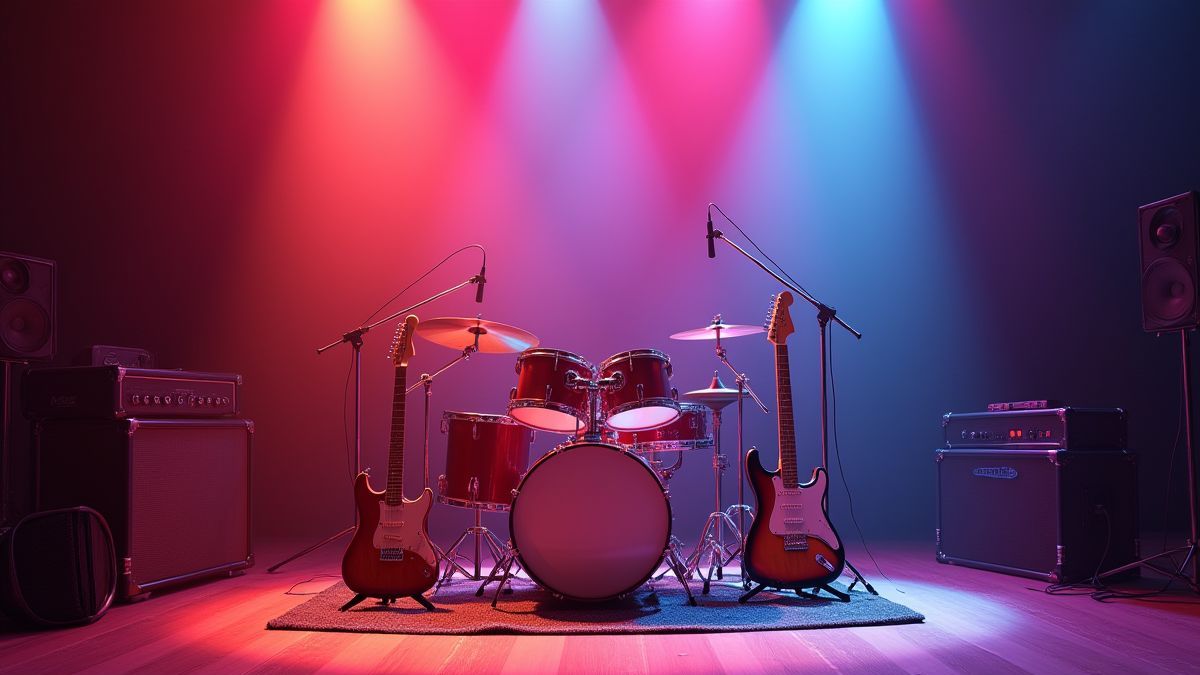 Instrumentos musicales en un escenario colorido.