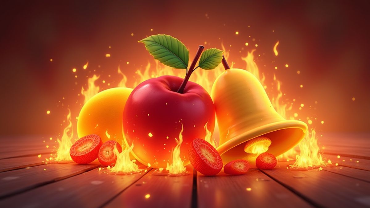 Frutas coloridas y campanas rodeadas de fuego en un diseño animado.