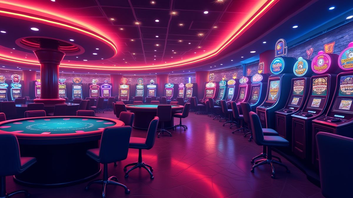 Intérieur d'un casino avec des lumières de néon et des tables de poker.