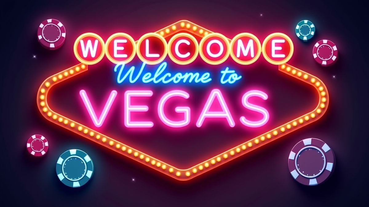 Panneau de néon qui dit 'Bienvenue à Las Vegas' entouré de jetons et de dés.