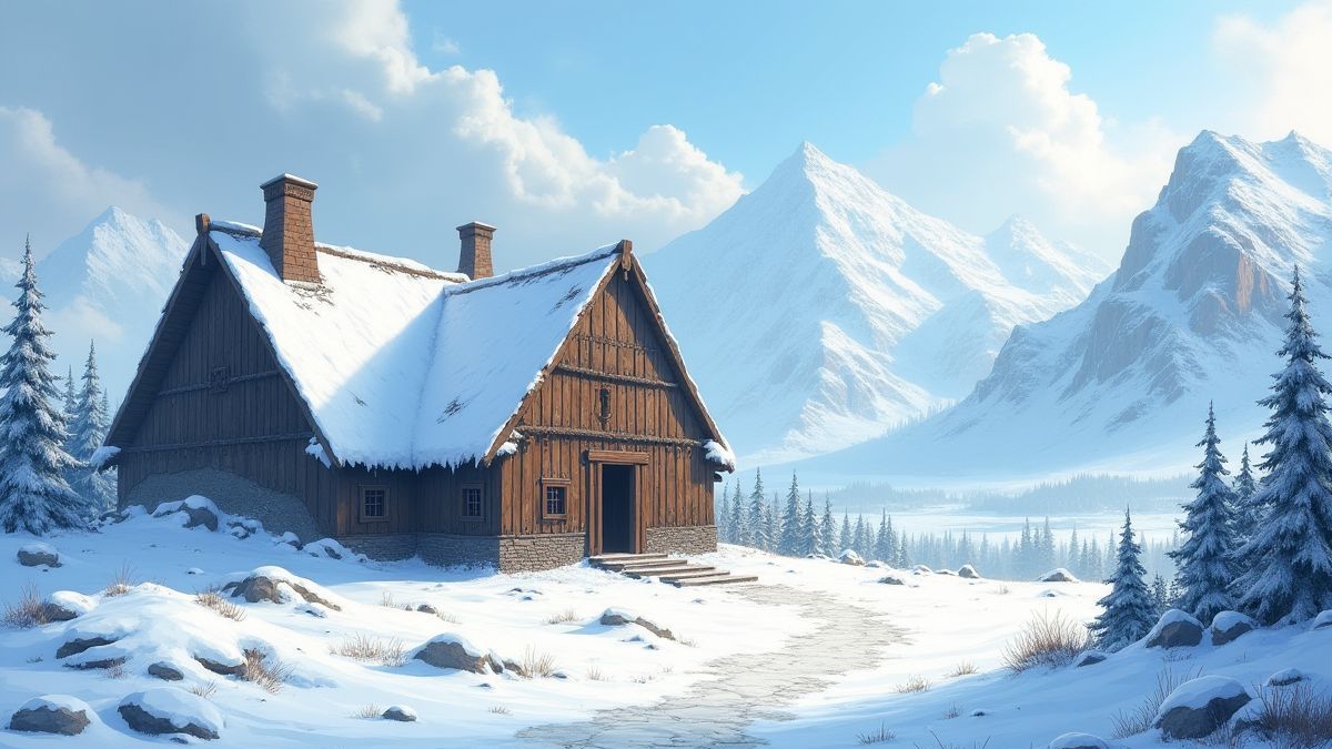 Salón vikingo rodeado de montañas nevadas